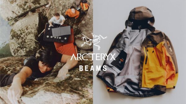 ボルダリングをする人々とTHETA AR JACKETの内側に施されたロゴ