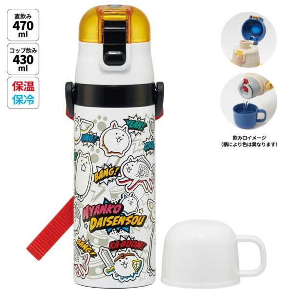 にゃんこ大戦争26デザインの2WAYステンレスボトル本体と飲み口イメージ