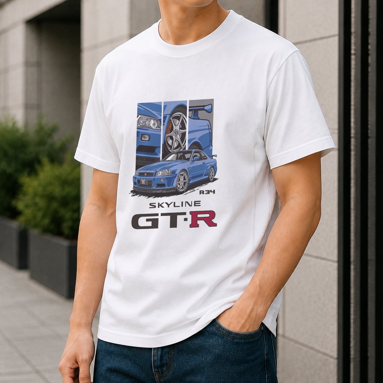 ホワイトのSKYLINE GT-R (R34) Tシャツの着用イメージ