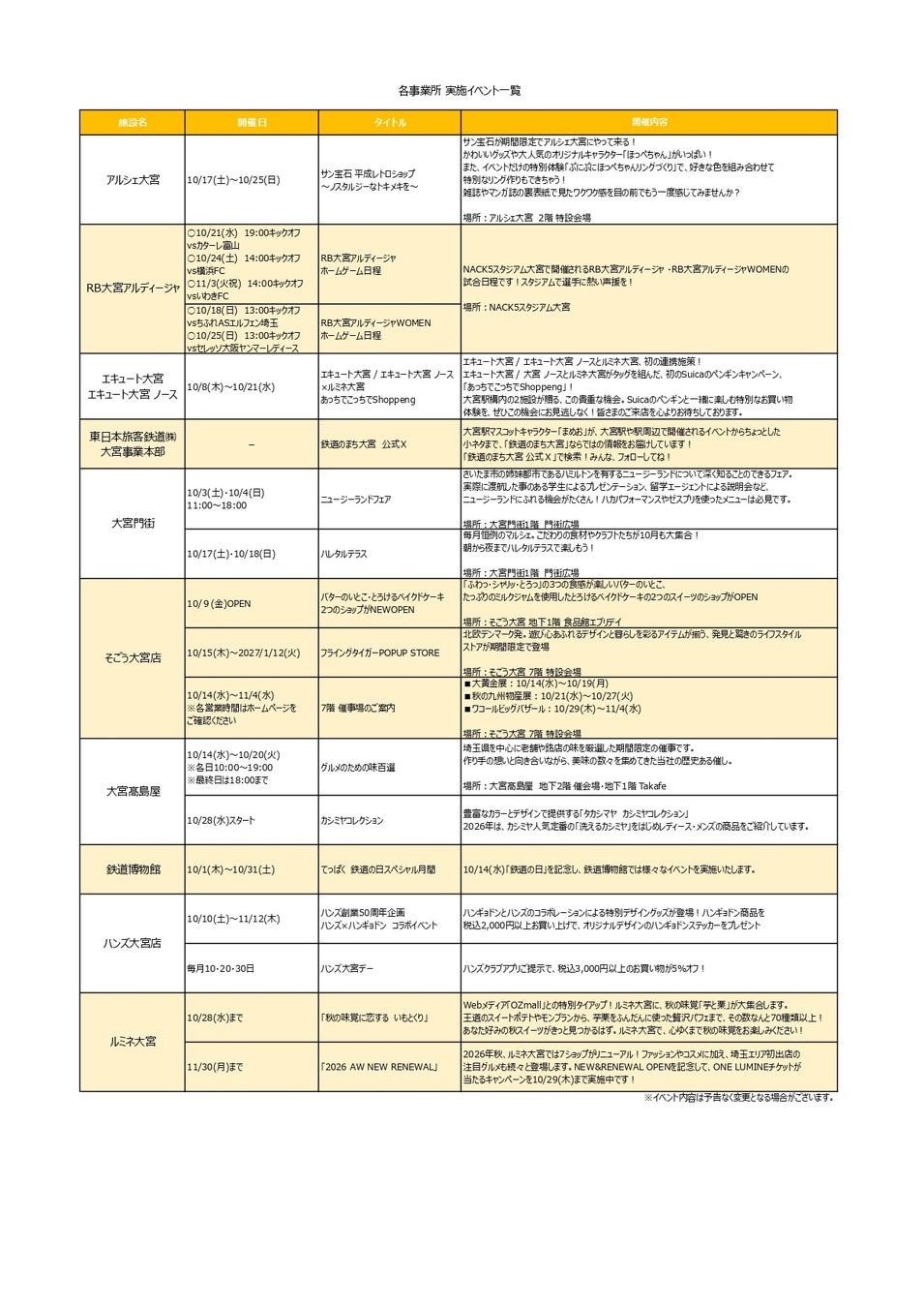 各事業所 実施イベント一覧