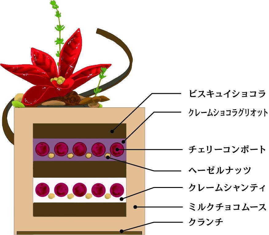 キューブ・ボアの断面図、ビスキュイショコラやチェリーコンポートなどの層を示すイラスト