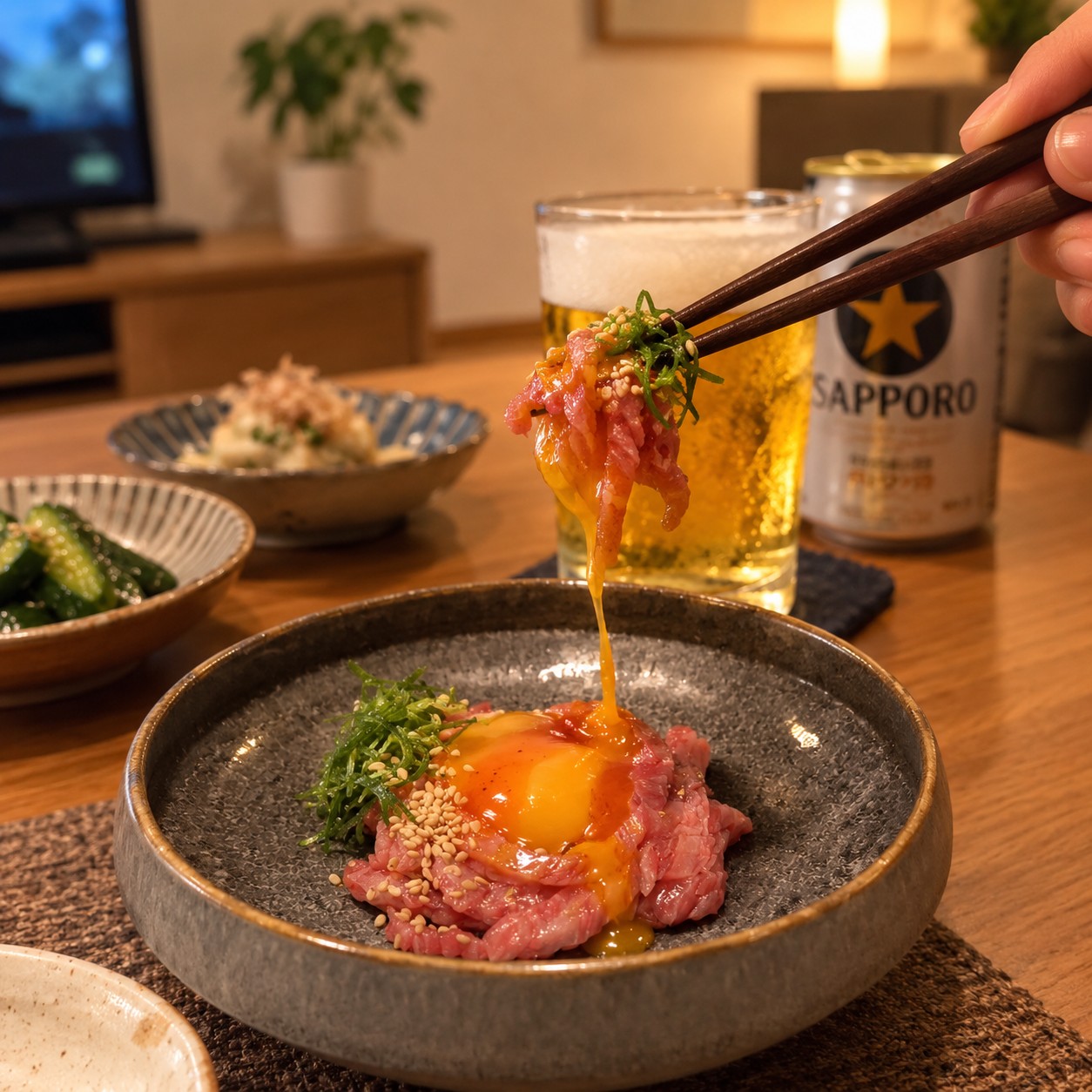 伊萬里牛Premium牛ユッケを自宅で味わう様子
