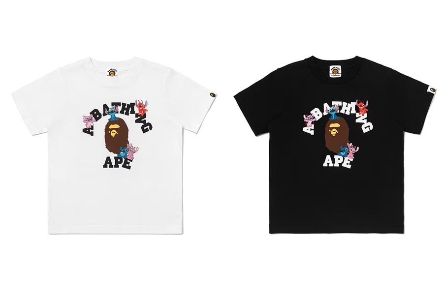 BAPE(R) X DISNEY STITCH AND FRIENDS COLLEGE TEE キッズ(ホワイト・ブラック)