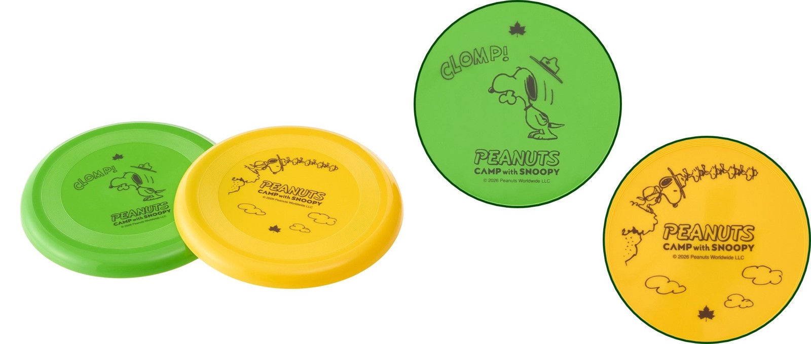 グリーンとイエローの「SNOOPY フライングディスク」