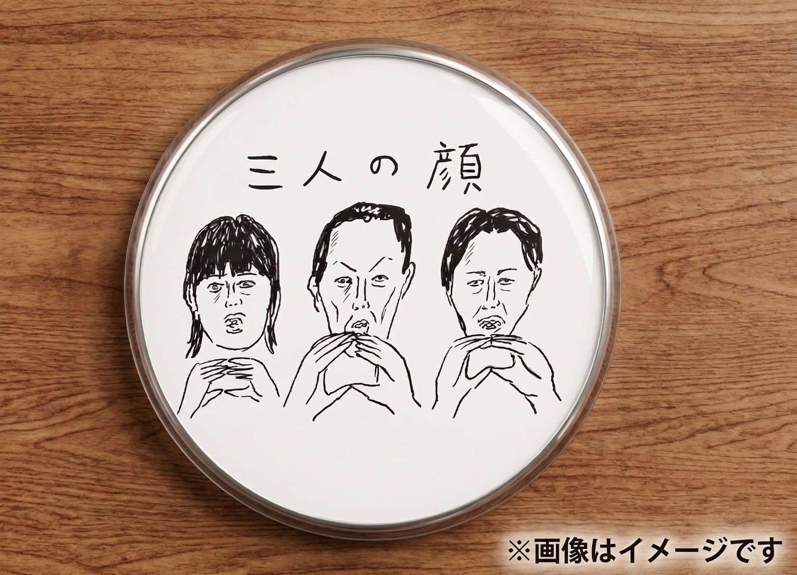 三人の顔をイラストで描いた缶バッジのイメージ画像（※画像はイメージです）