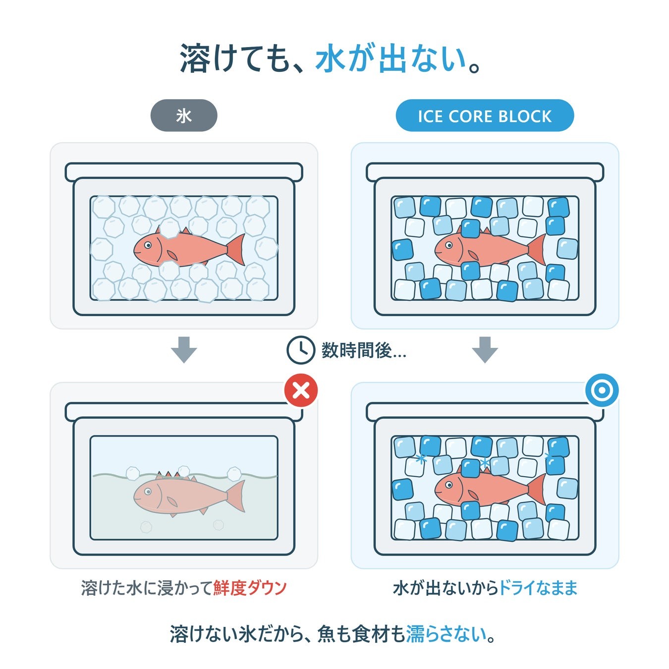 氷の溶け水と密閉式の「アイスコアブロック」の違いを示す説明図