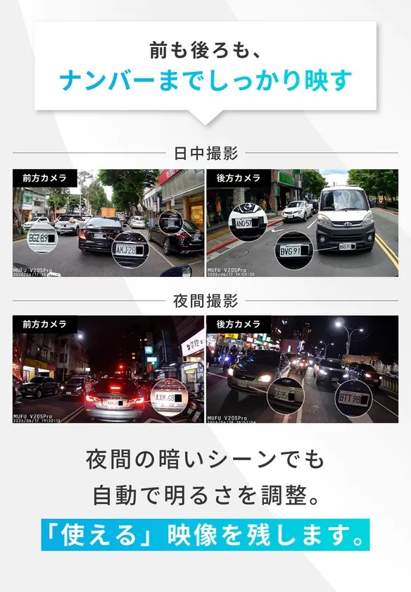 「MF-BDVR001-PRO」の前後カメラの日中・夜間の撮影例