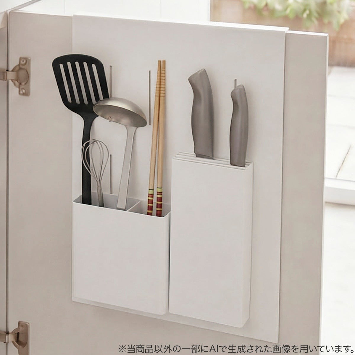 シンク扉マグネットパネル(KT1705)に別売り収納用品を組み合わせた使用イメージ