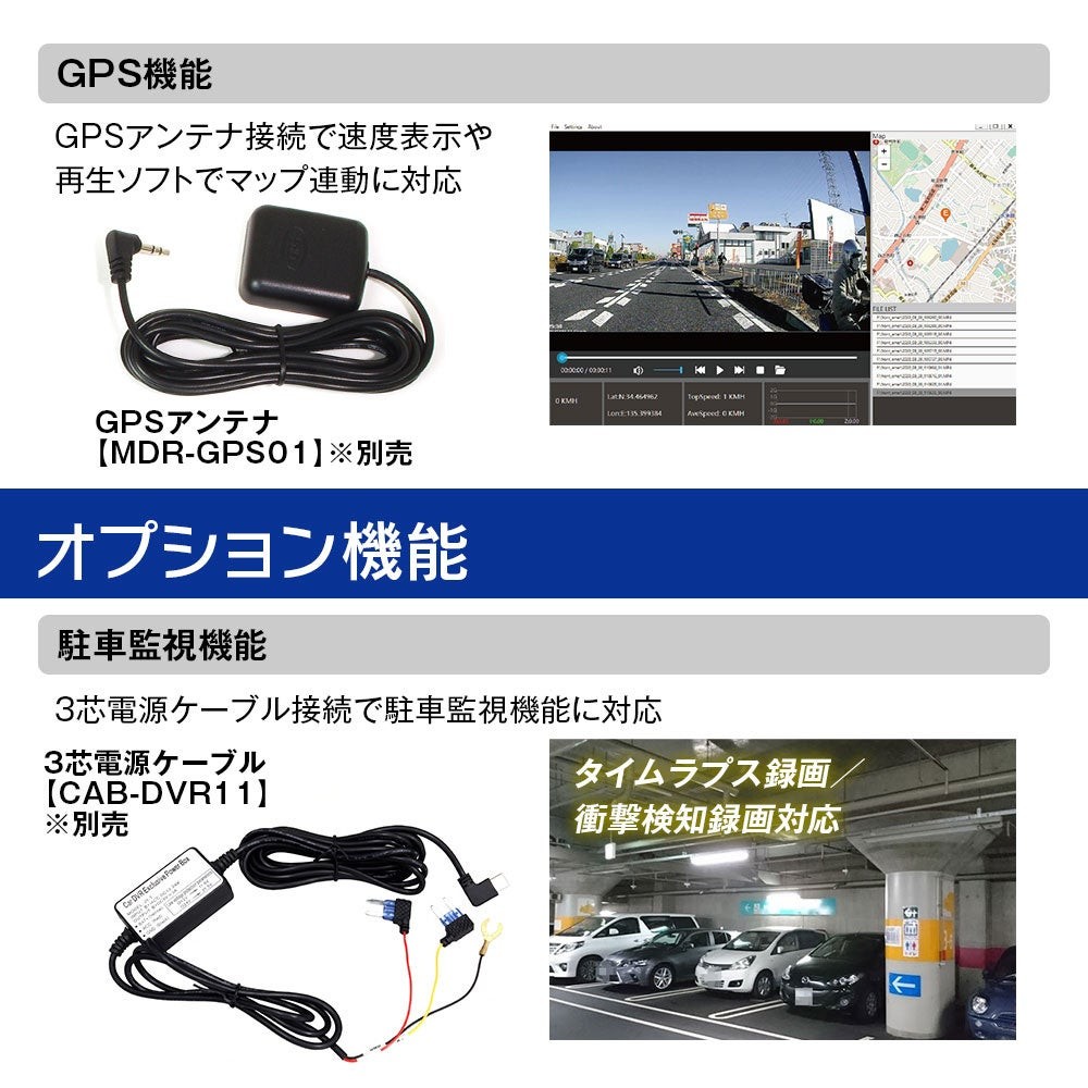 GPSアンテナと3芯電源ケーブルのオプション機能