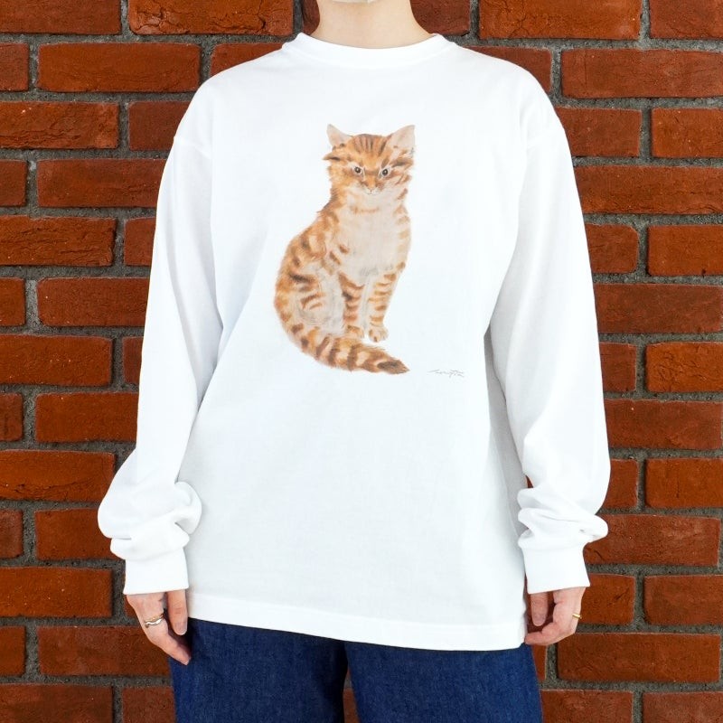 フジタ作品 茶色猫 長袖シャツ（白）