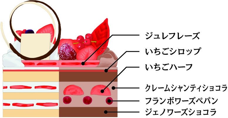 シャンティー・ドゥミの断面図、ジュレフレーズやジェノワーズショコラなどの層を示すイラスト