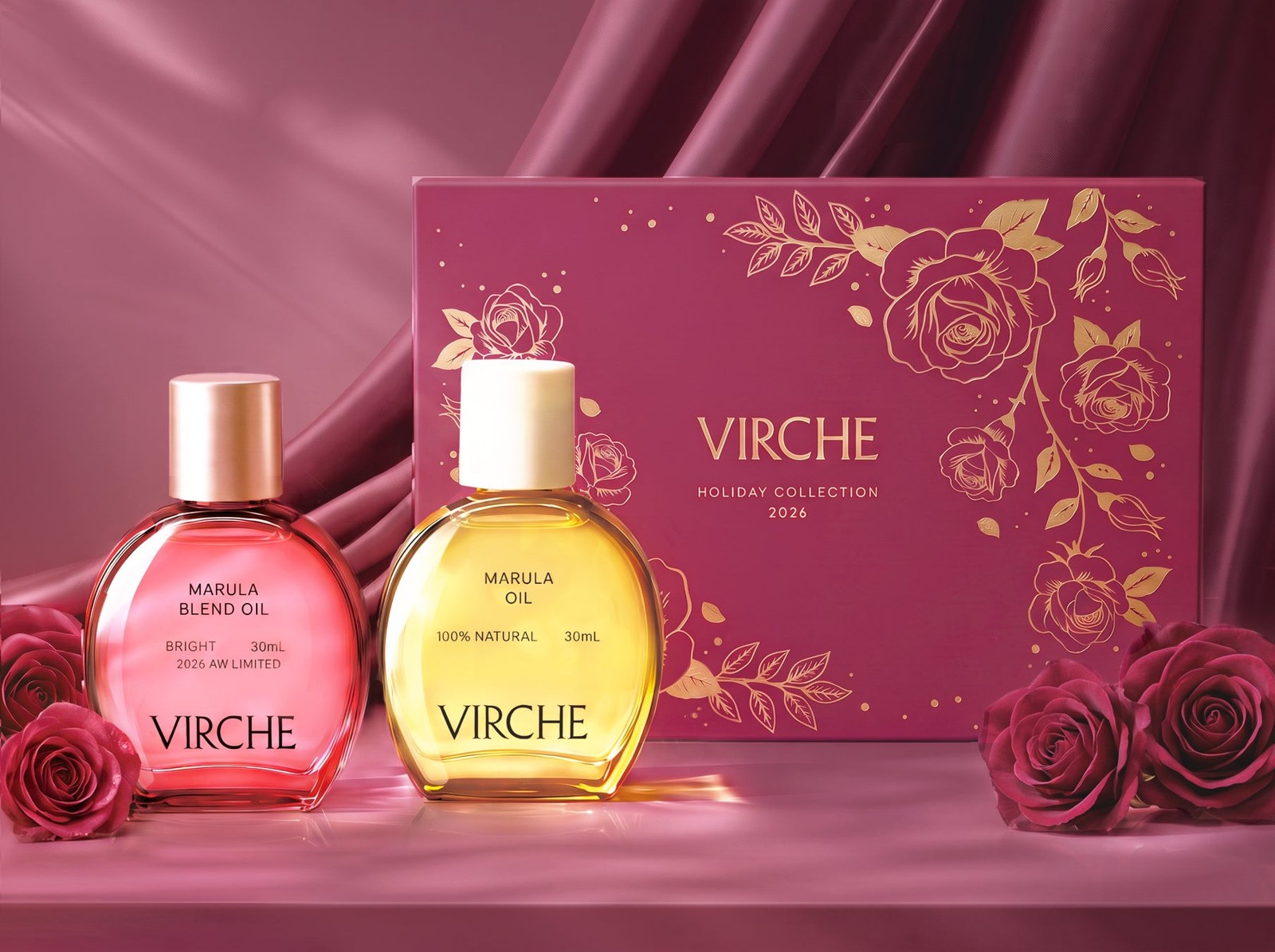 「HOLIDAY COLLECTION 2026 -VELVET ROSE-」のマルラオイルとマルラブレンドオイル、ギフトボックス