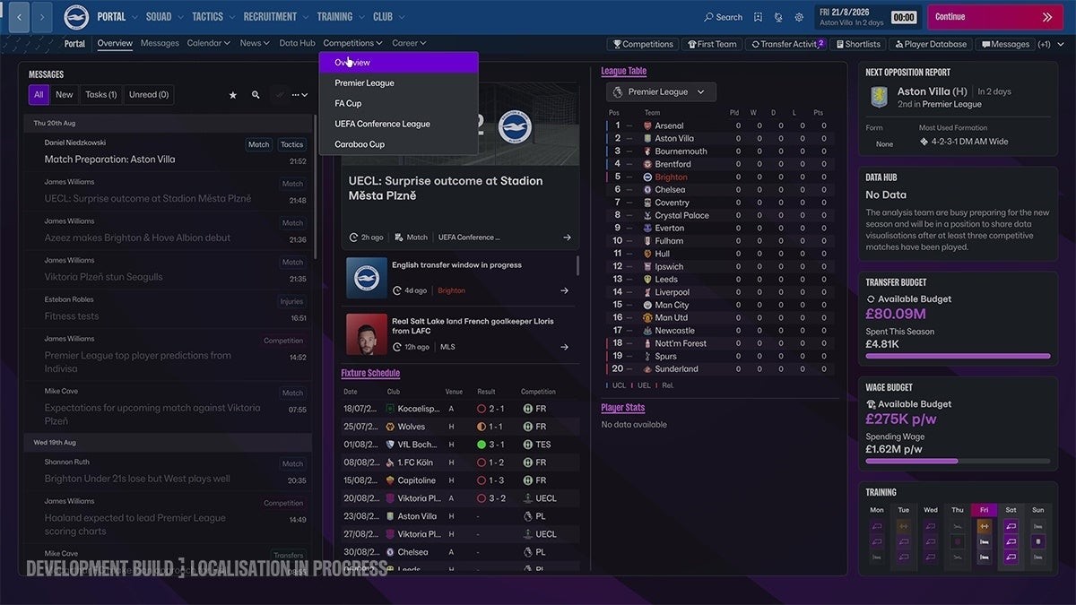 Football Manager 27 開発中画面 Competitionsメニュー