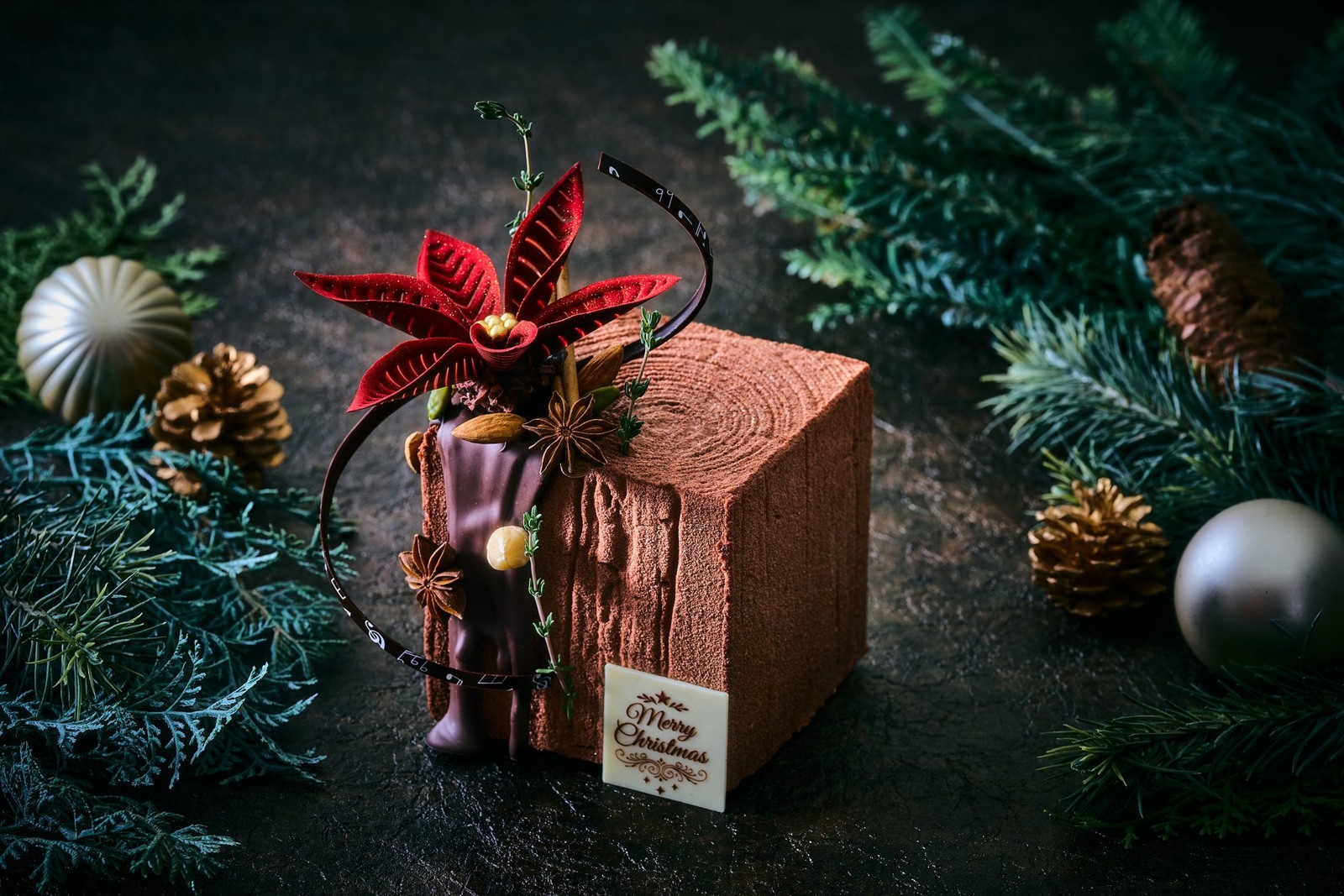 キューブ・ボア、ポインセチアを飾ったチョコレートムースのクリスマスケーキ