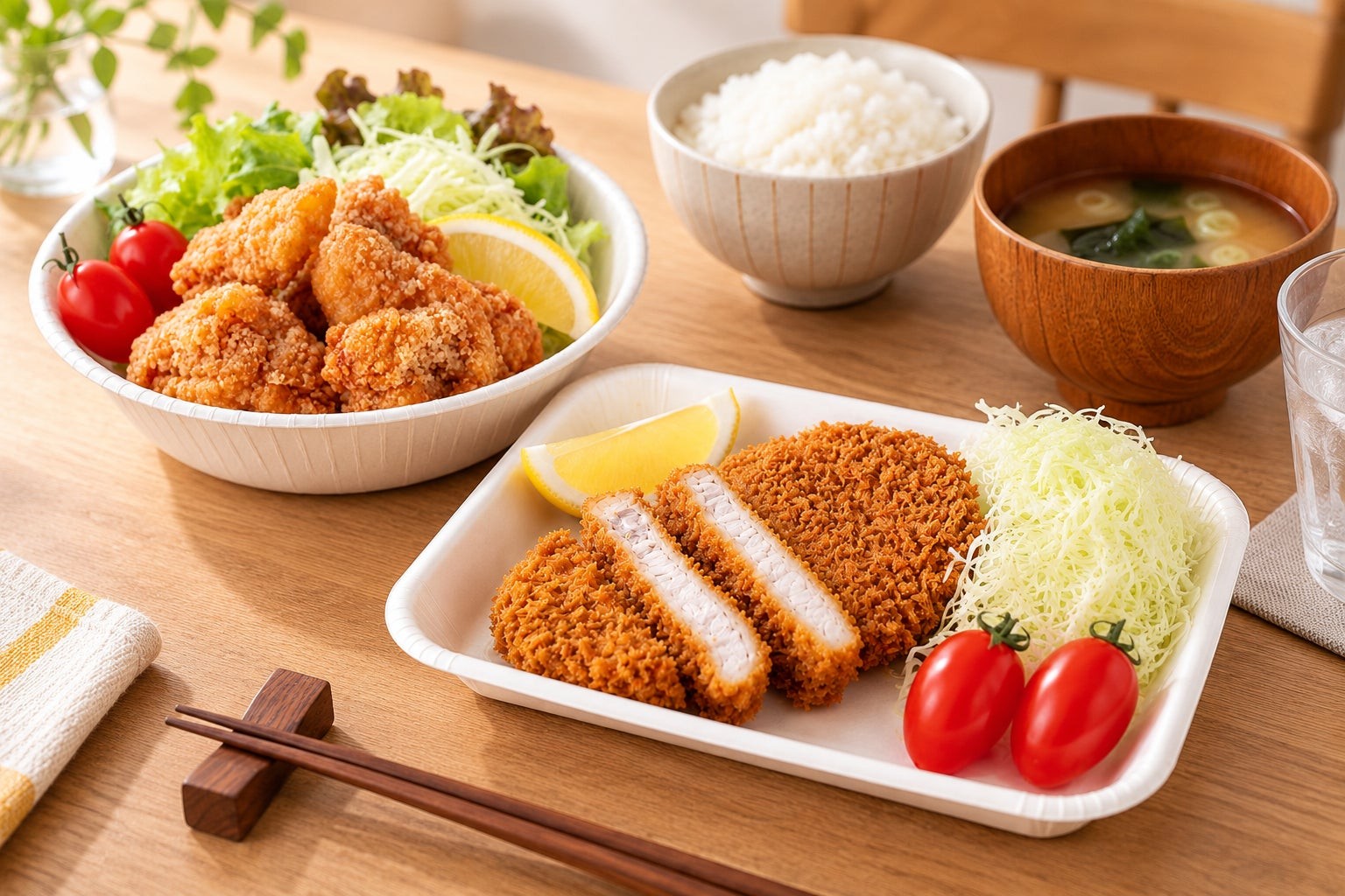 スイボウルの唐揚げとスイトレーのとんかつを使った食卓の盛り付け例