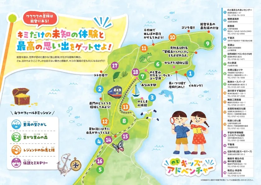 のとキッズアドベンチャーの能登半島マップと18のミッション紹介ページ