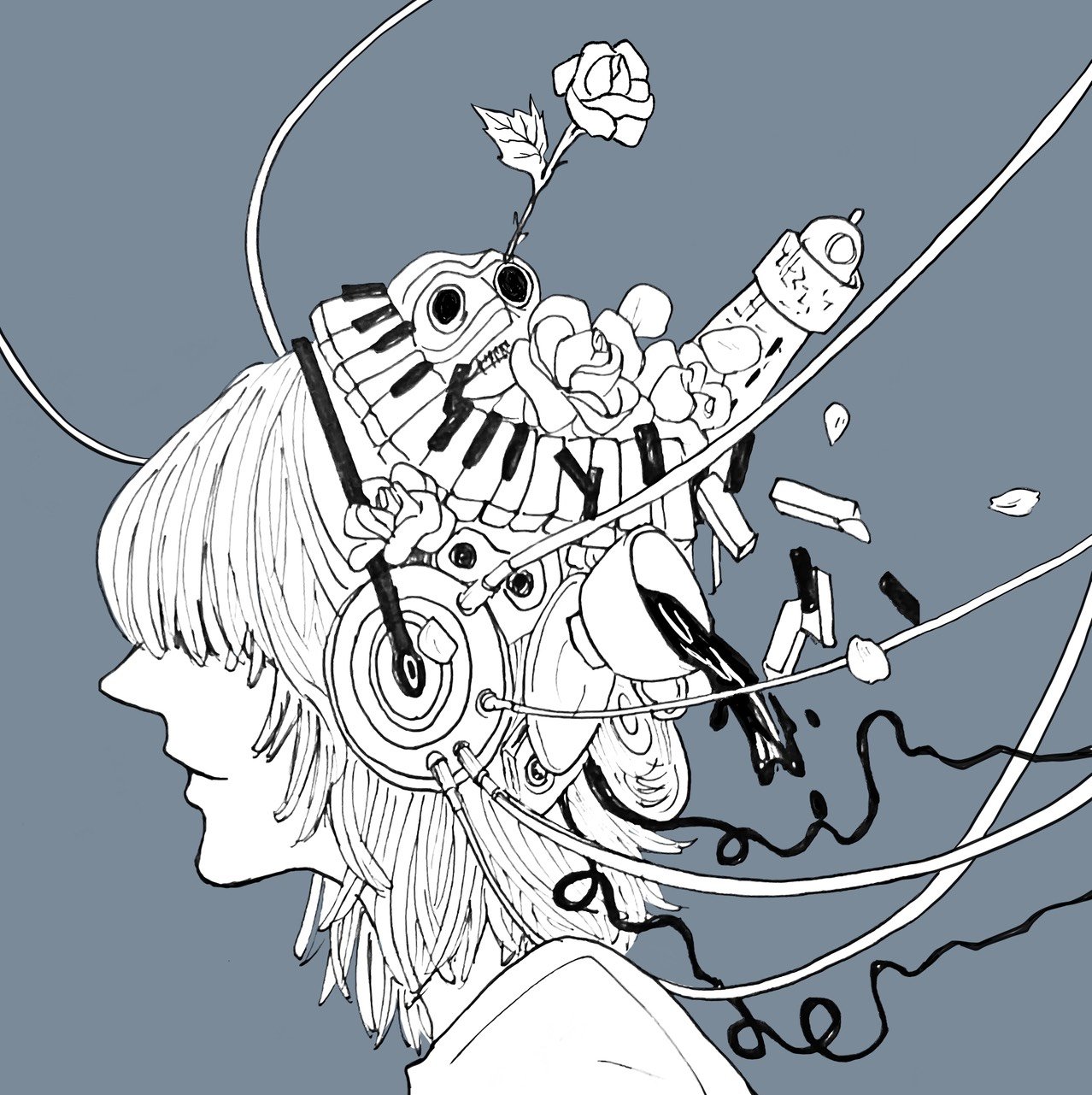 バラの花とピアノ鍵盤、機械パーツが融合した横顔の人物のイラスト
