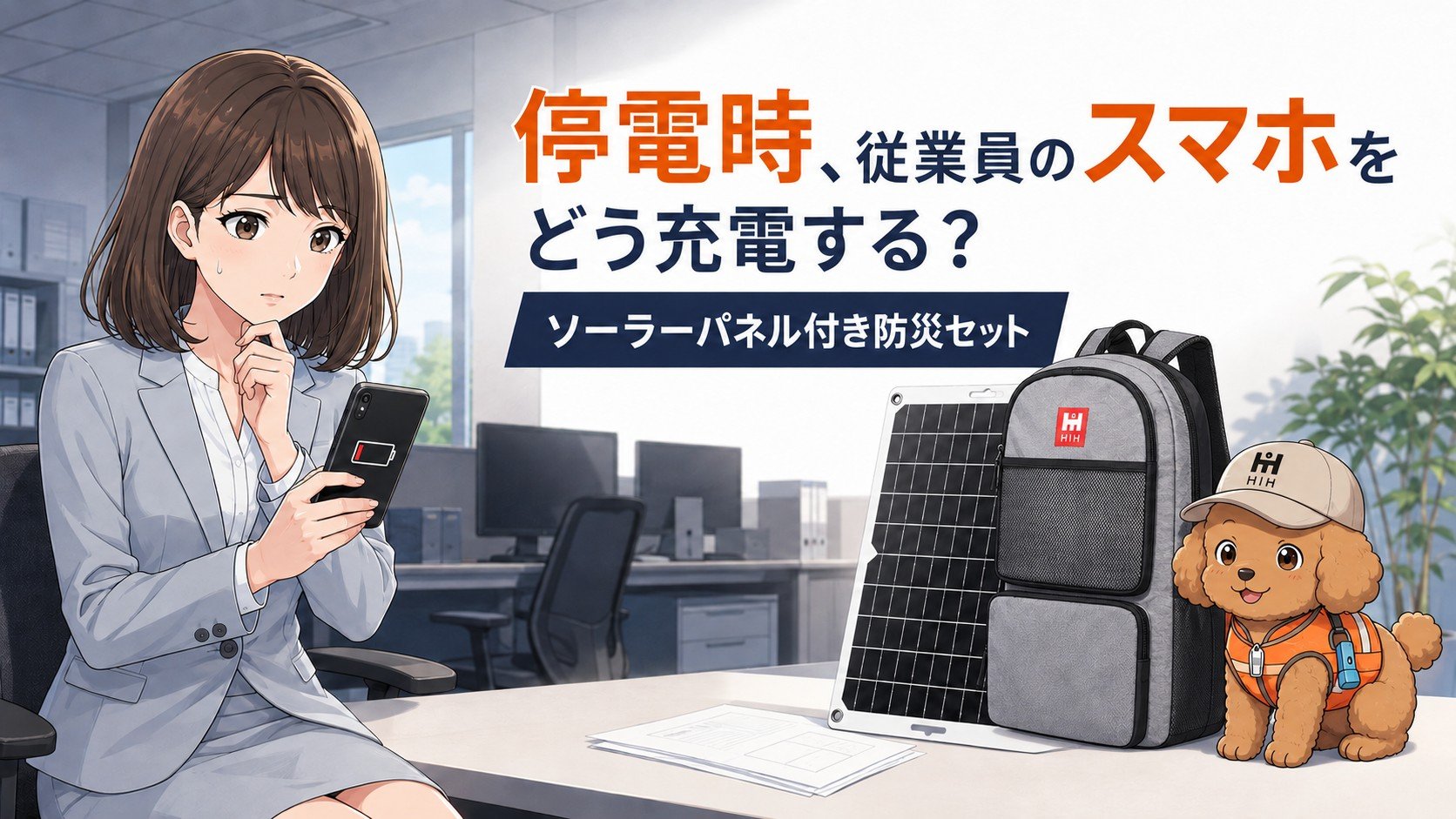 停電時のスマートフォン充電に備える、法人向けソーラーパネル付き防災セット