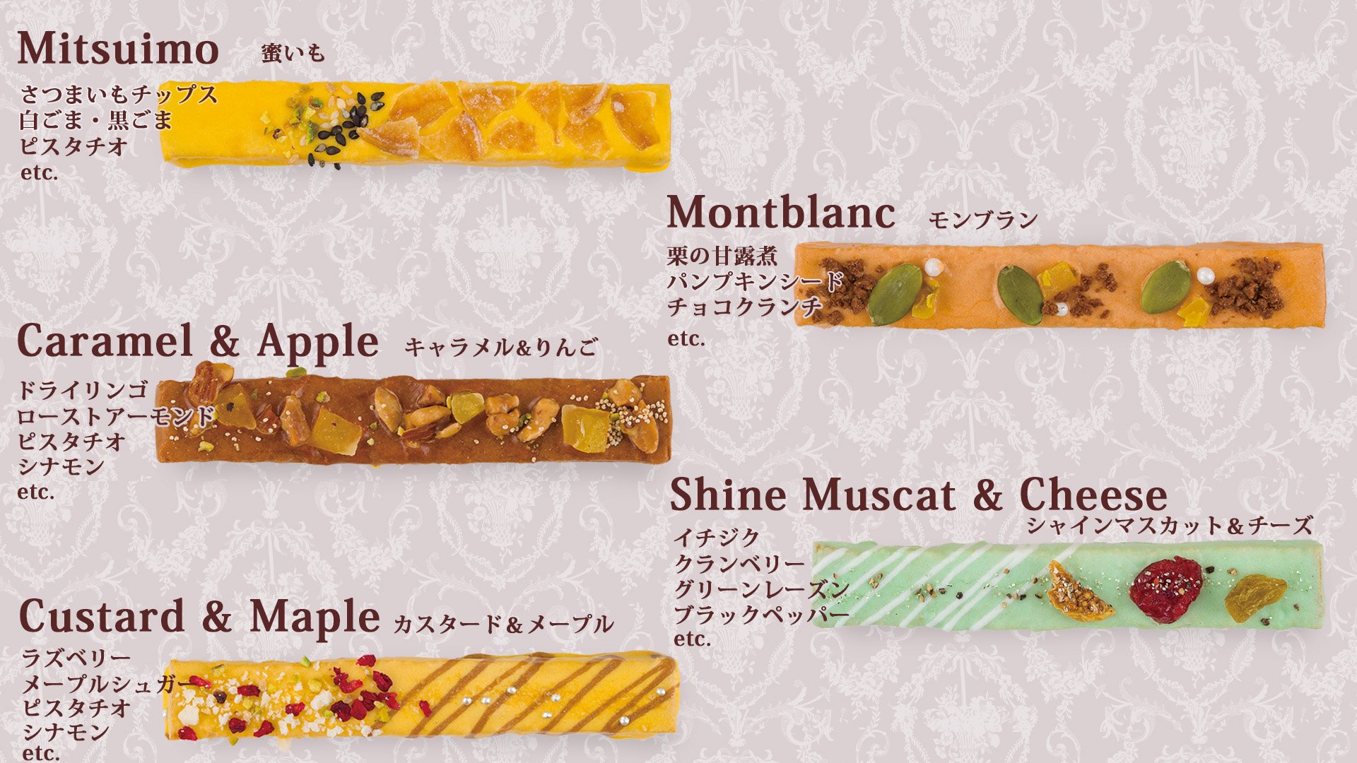 5種類のフレーバー名とトッピングの一覧