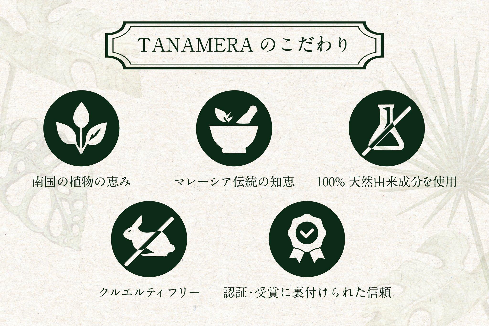 TANAMERA(タナメラ)のこだわり5項目を示す図解