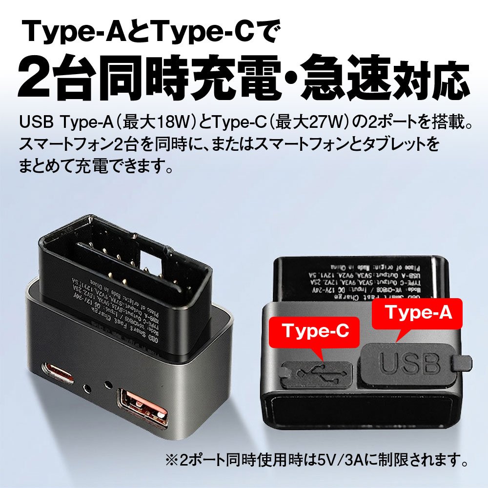「OBD-USB01」のUSB Type-A/Type-Cポート