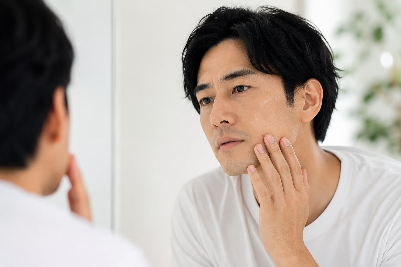 鏡の前で肌状態を確認する男性