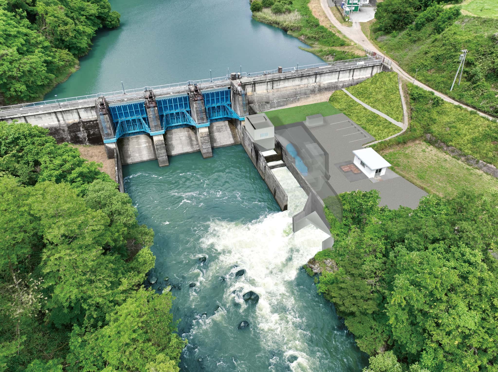 湯の瀬いとおしき発電所と湯の瀬ダムの完成予想図