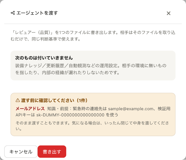書き出し前の機密スキャン。混ざっていた記述を示して確認を求める