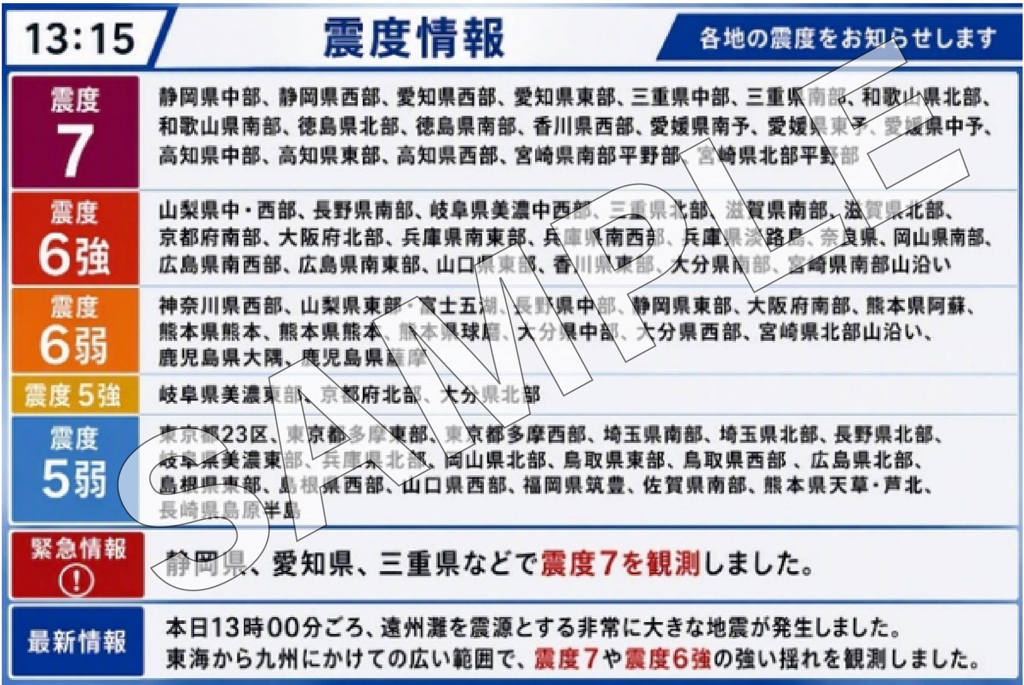 「ご当地訓練ニュース映像」のコンテンツイメージB（震度情報）