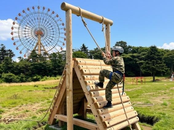 ロープで丸太アスレチックを登る子ども