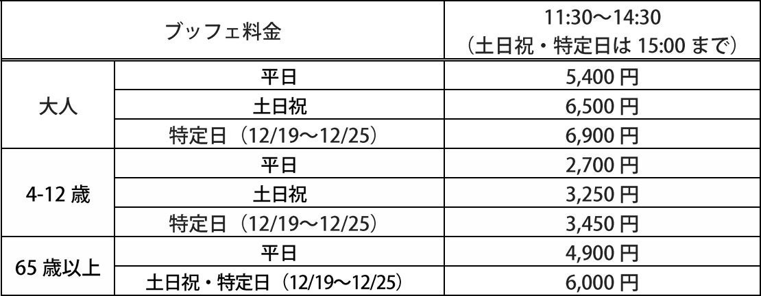 クリスマスブッフェのランチ料金表