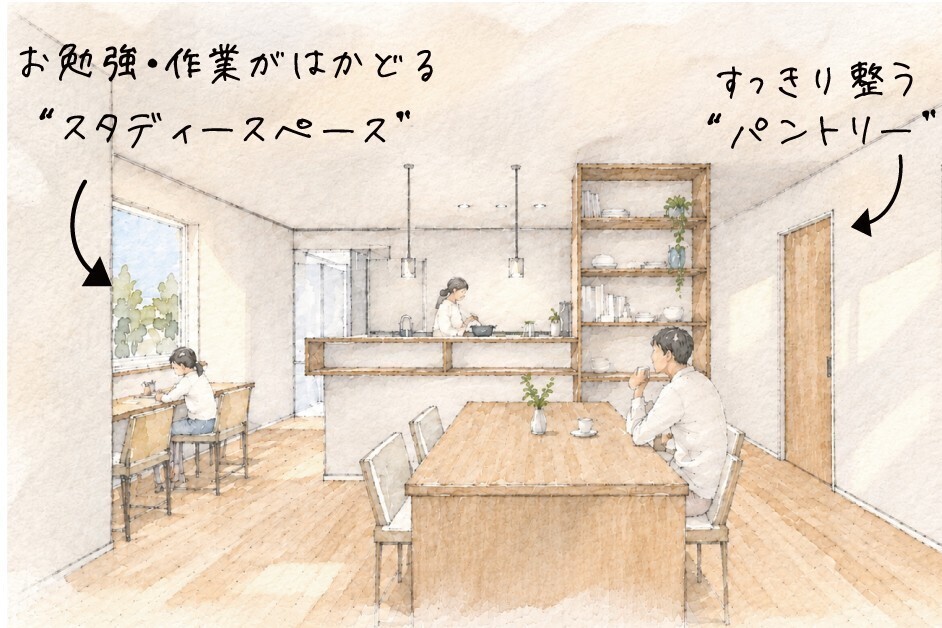 LDKのスタディースペースとパントリーのイラスト