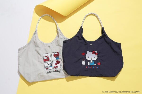 ハローキティ刺繍入りトートバッグ ライトグレーとネイビー