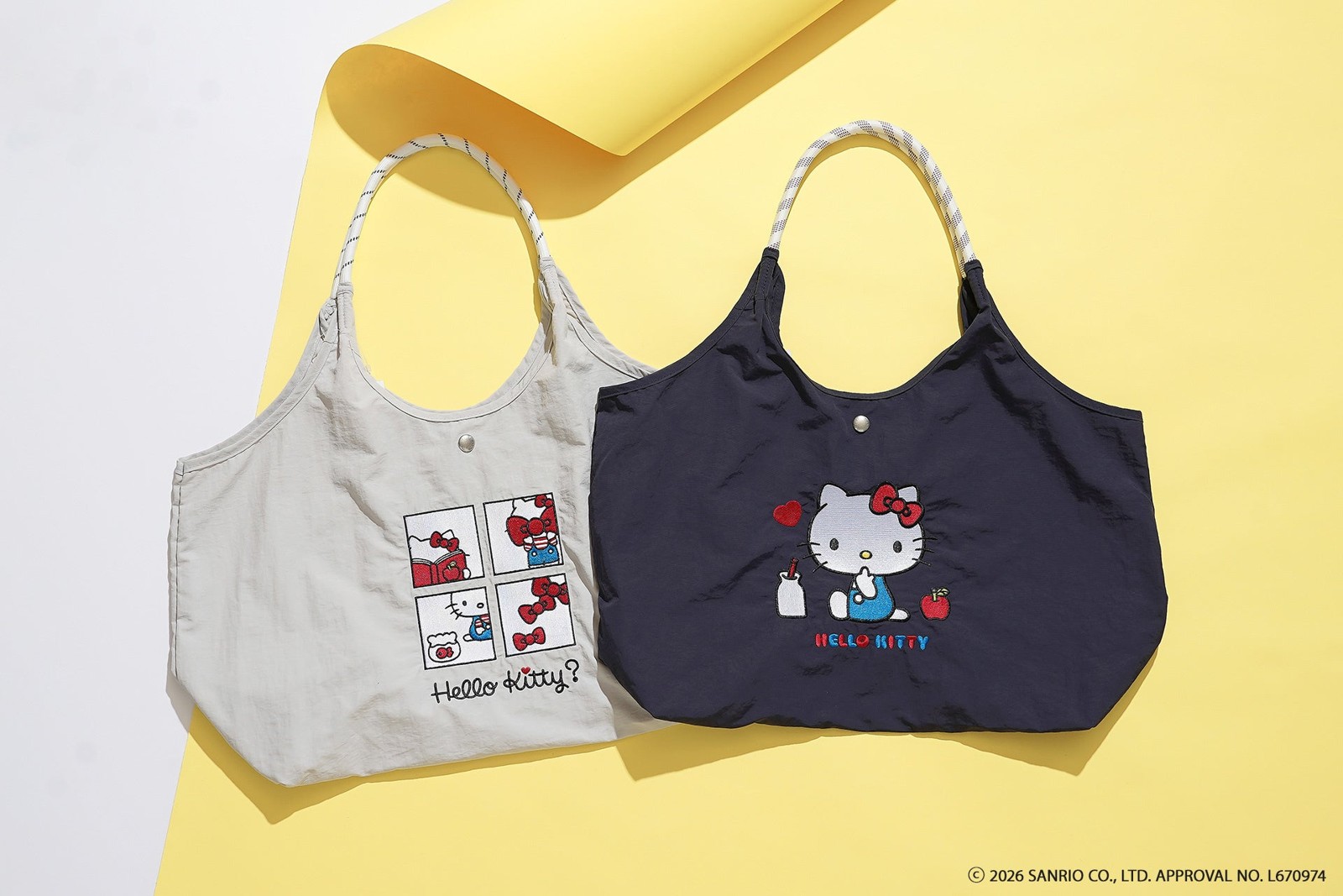 ハローキティ刺繍入りトートバッグ ライトグレーとネイビー