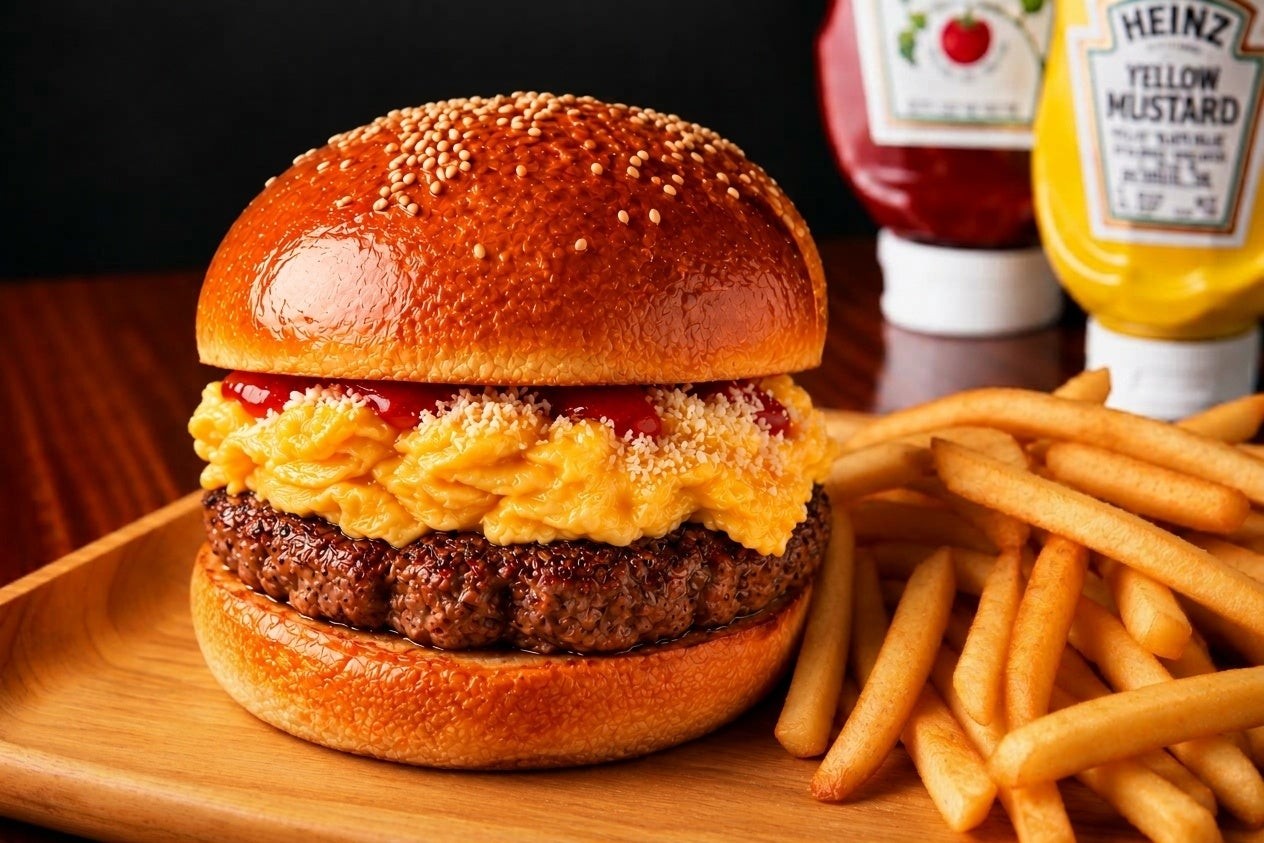 スクランブルエッグ＆パルメザンチーズバーガーとフライドポテト
