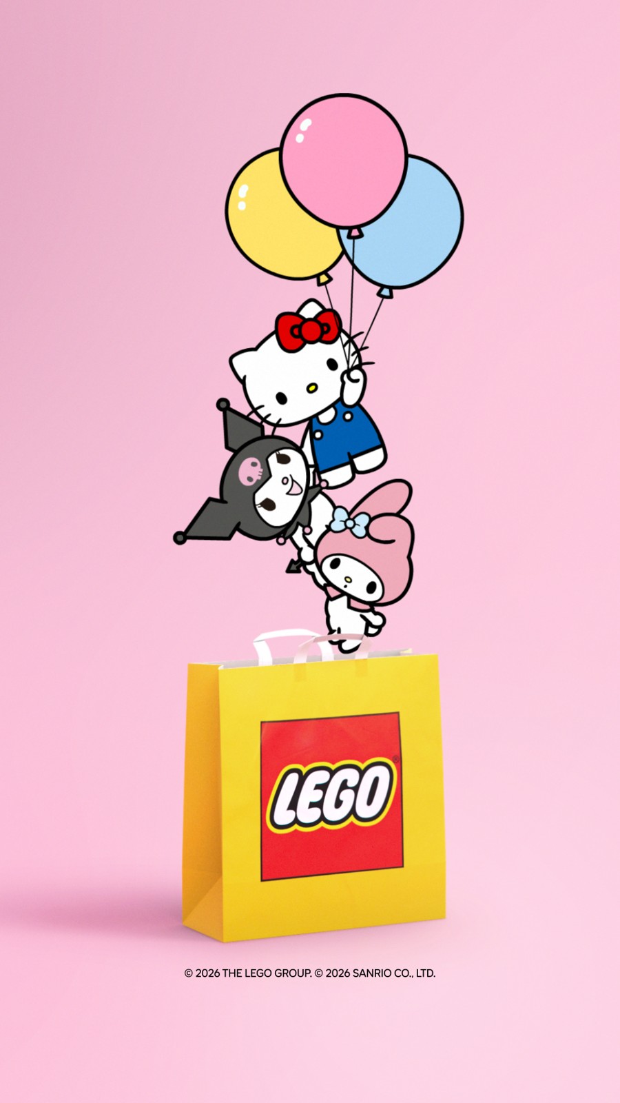 ハローキティ、クロミ、マイメロディとLEGOロゴ入りの手提げ袋