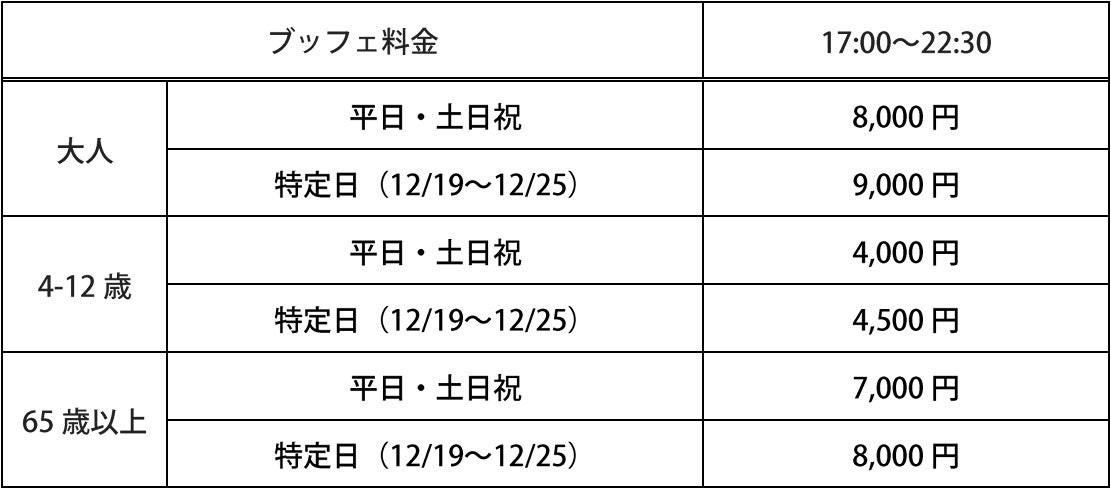 クリスマスブッフェのディナー料金表