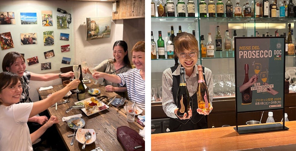 プロセッコ月間2026の食卓での乾杯と店頭の様子