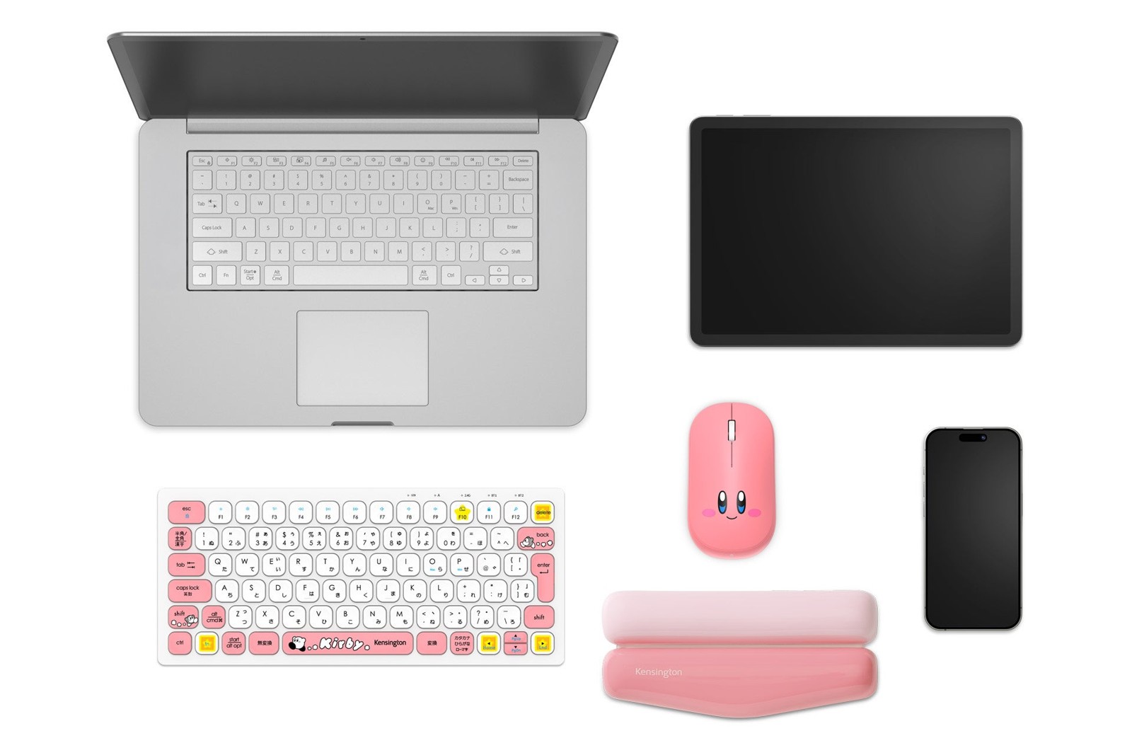 カービィのキーボードとマウスをPC・タブレット・スマートフォンと並べた画像