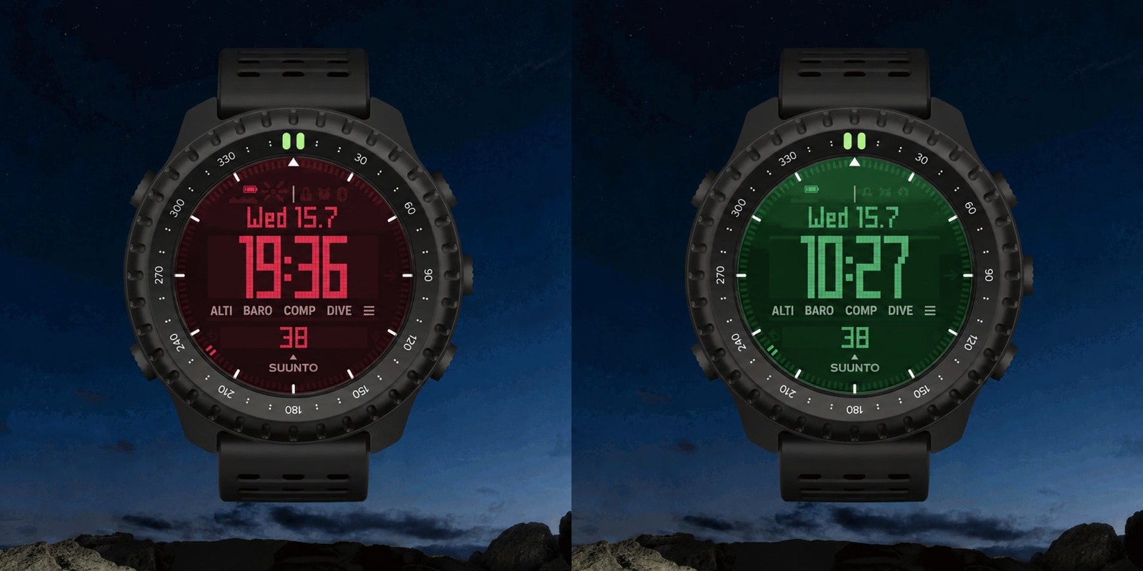 レッドとグリーンのバックライトを表示したSuunto Core 2