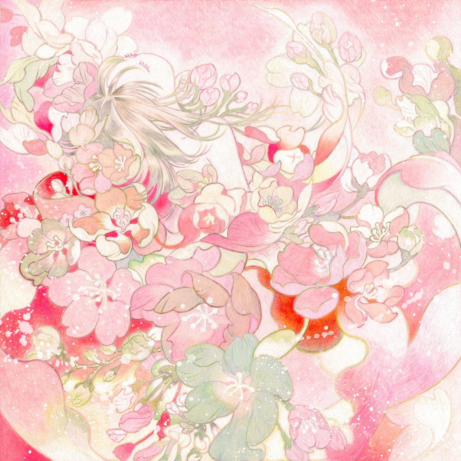 「咲き誇れ」のピンクの花と横顔の人物のイラスト