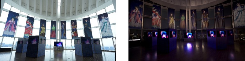 エントランスエリアの昼と夜の展示空間