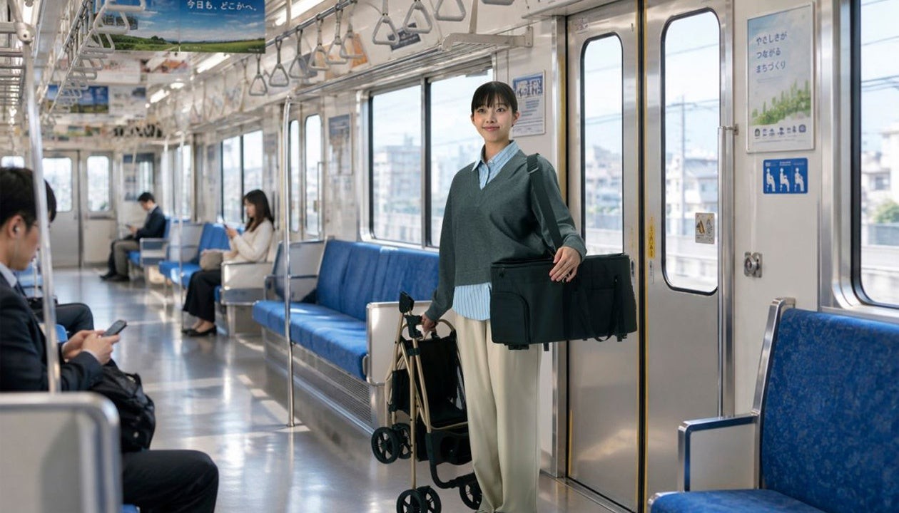 電車内でキャリーを肩掛けし折りたたんだフレームを持つ様子