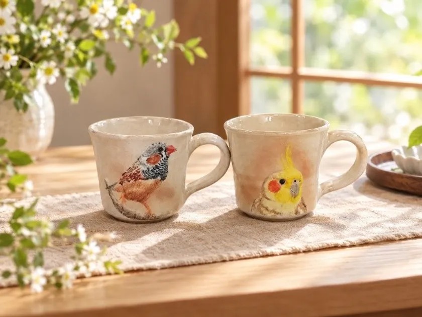 鳥の絵が描かれた萩焼のマグカップ