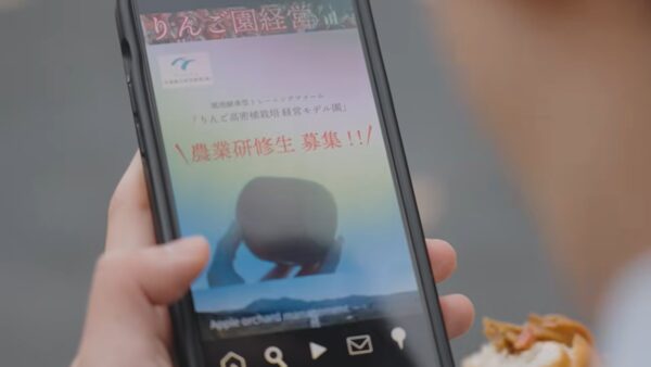 りんご高密植栽培経営モデル園の農業研修生募集画面を表示したスマートフォン