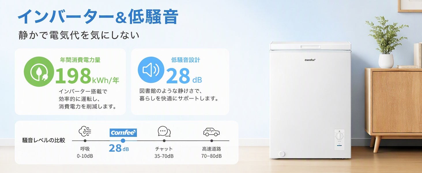 COMFEE' 143L上開き冷凍庫の静音設計