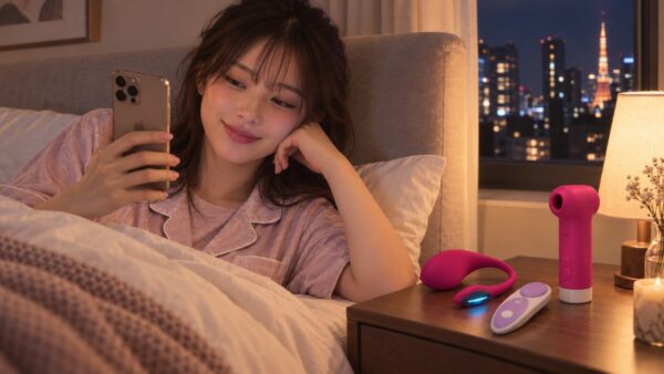 ベッドでスマートフォンを見る人物とベッド脇のデバイス