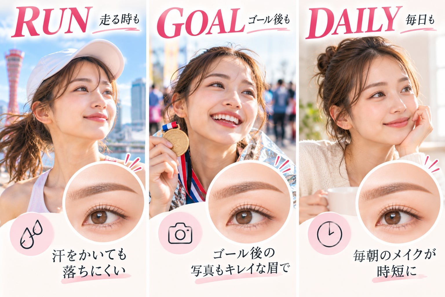 走る時・ゴール後・毎日の眉メイクの場面を示した眉アートメイクの紹介画像