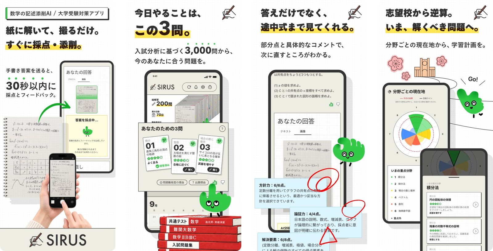「SIRUS」の採点・出題・学習計画の4機能