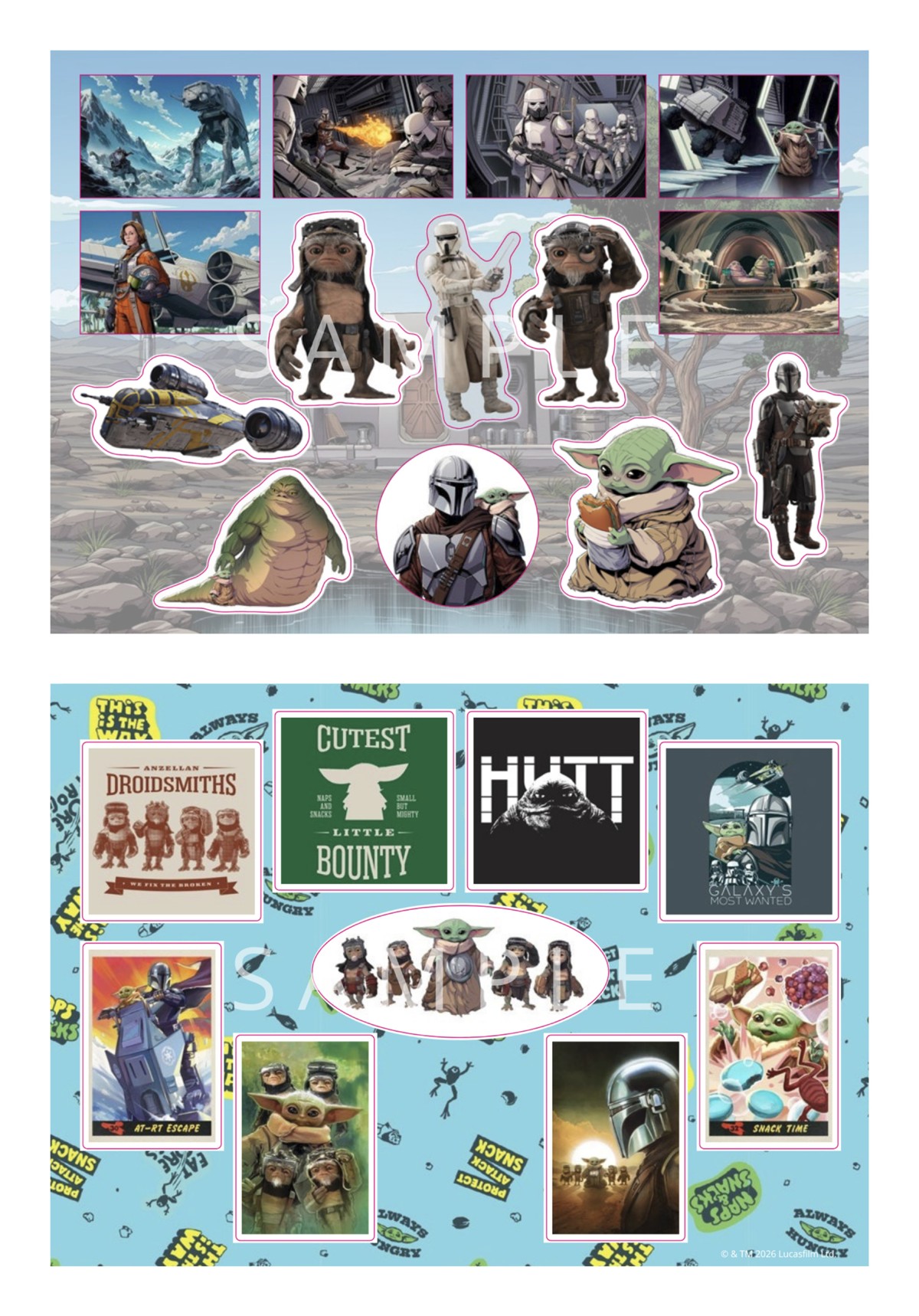 ステッカー例(場面写風アートと宇宙船の形のシール)